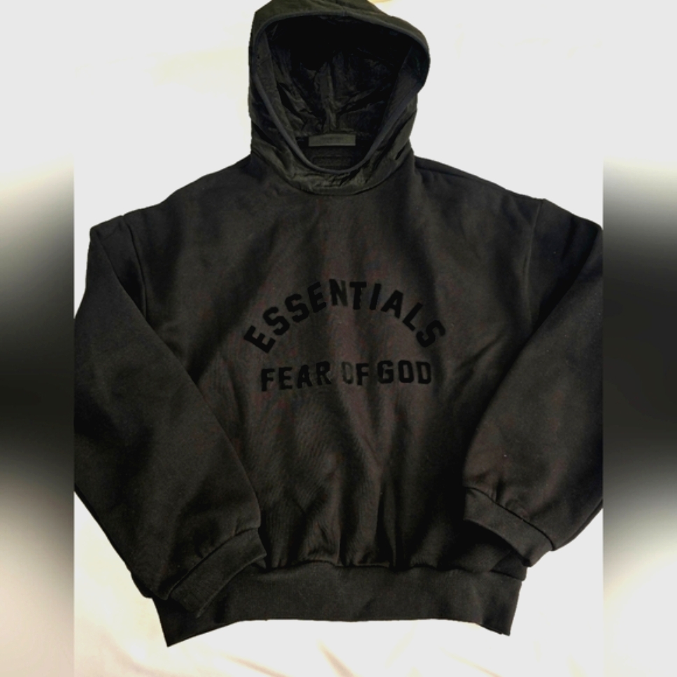Essentials Fear Of God Cotton Blend Jet Black Hoodie- Men's Size S